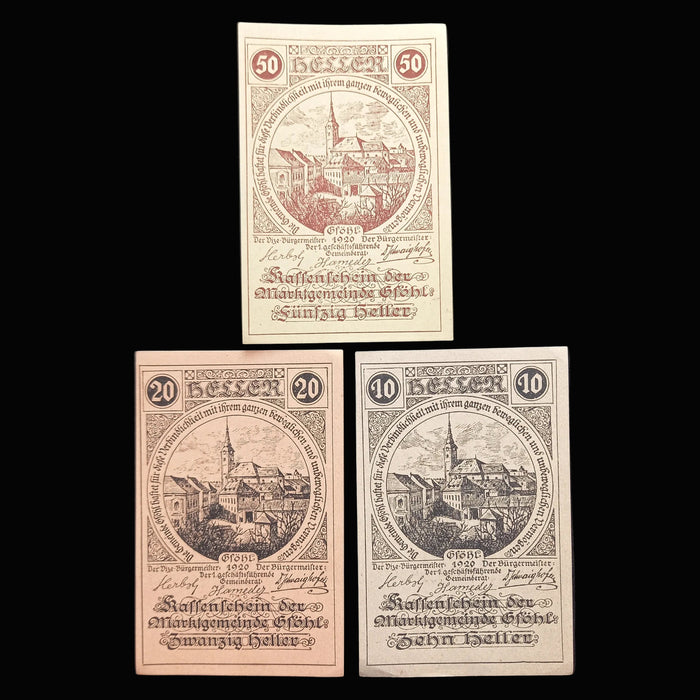 Antique Banknote 1920 Austria Gföhl Notgeld Set 10, 20 & 50 Heller Emergency Money