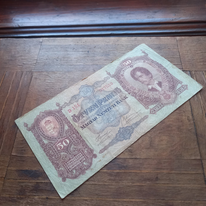 1932 Hungary Banknote 50 Pengo National Poet Sándor Petőfi Portrait Vintage Bill