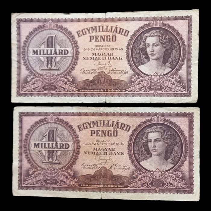1946 Hungary Banknote Billion Pengo Pair Neoclassic Lady Portrait Money Europe