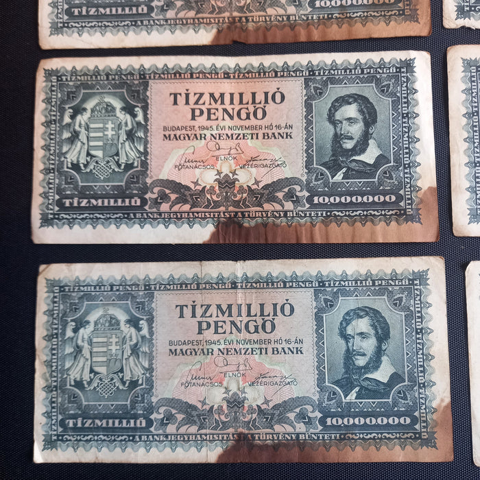 Vintage Banknote 1945 Hungary 10,000,000 Tízmillió Pengő 8-Note WWII Survivor Set