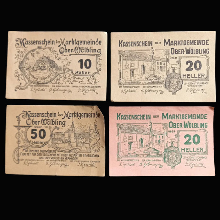 Four vintage banknotes from Kassenschein der Marktgemeinde Ober-Wolbling on a dark background.