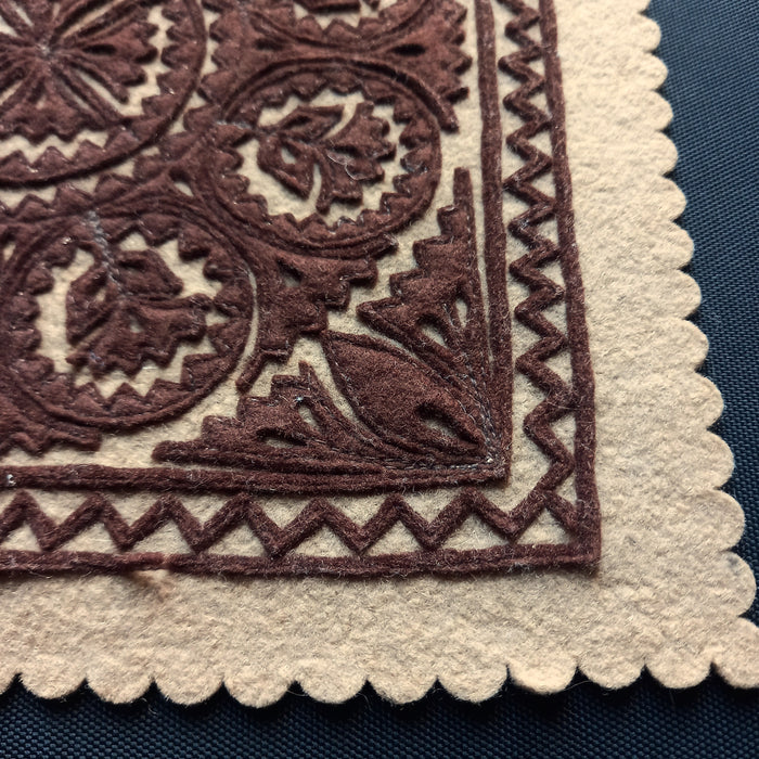 Vintage Hungarian Wool Felt Appliqué Szűr Folk Art Handmade Brown Square 1970-80s