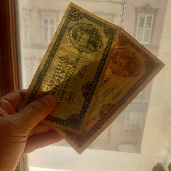 Vintage Banknote 1946 Hungary Százmillió Pengő & Milpengő 100 Trillion Hyperinflation Bills