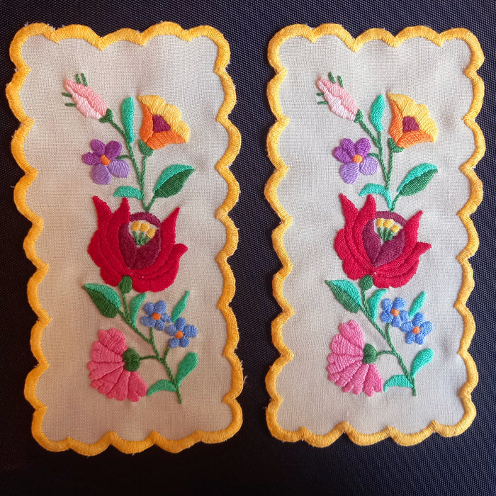 Vintage Hungarian Kalocsa Doilies 2 Matching Hand-Embroidered Yellow Folk Art 1970s