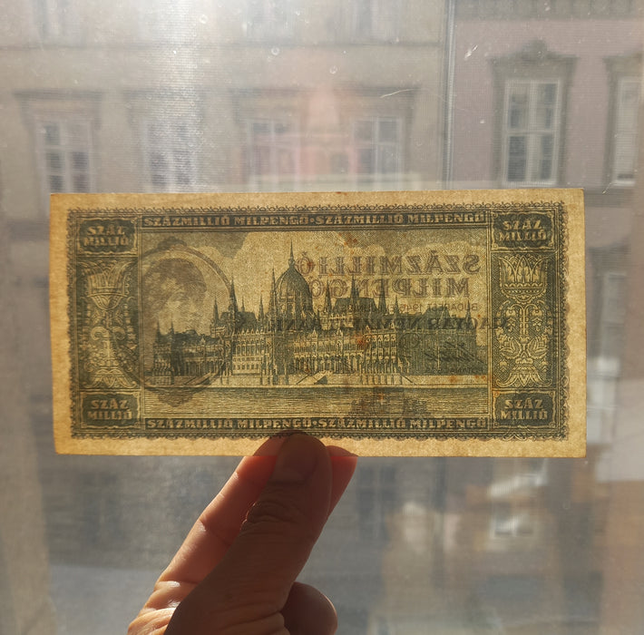 1946 Hungary Banknote 100 Million Milpengo Trillion Pengo Hyperinflation UNC Toned