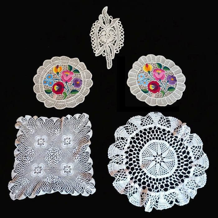 Vintage Hungarian Lace Doily 5pc Set Kalocsa Richelieu Embroidered & White Crochet 1970s