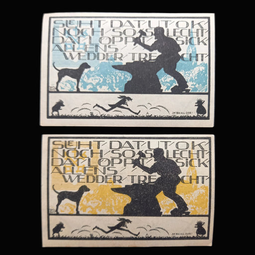 Two vintage-style notgeld emergency banknotes with silhouettes of a man, dog, and running person on a dark background.