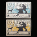 Two vintage-style notgeld emergency banknotes with silhouettes of a man, dog, and running person on a dark background.