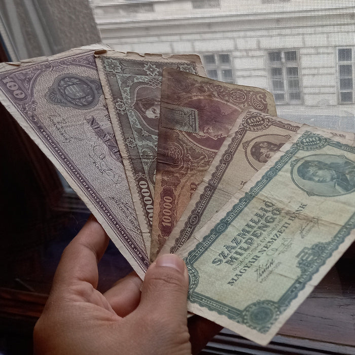 Vintage Banknote 1945-46 Hungary Pengő Milpengő 5pc Set 100 Trillion Hyperinflation Progression