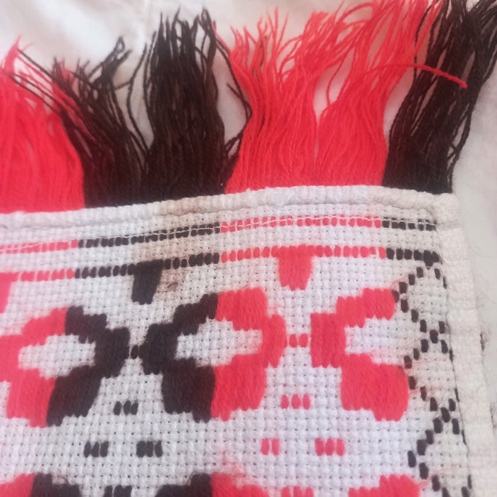 Vintage Hungarian Folk Art Table Runner Red-Orange Brown Diamond Loom 1970s