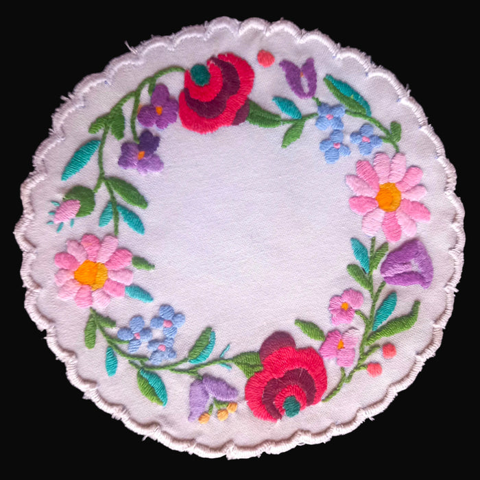 Hungarian Vintage Doily Set of 6 Vivid Hand-Embroidered Floral Folk Art 1970-80s