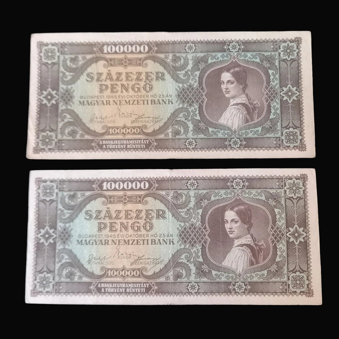 Vintage Banknote 1945 Hungary 100K Százezer Pengő Pair Matching M-Series Lucky 888 Triplet Serial
