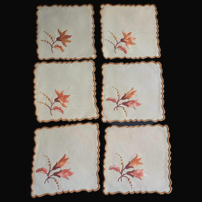 Vintage Hungarian Kalocsa Doily Set of 6 Rustic Autumn Farmhouse Napkins 1970-80s