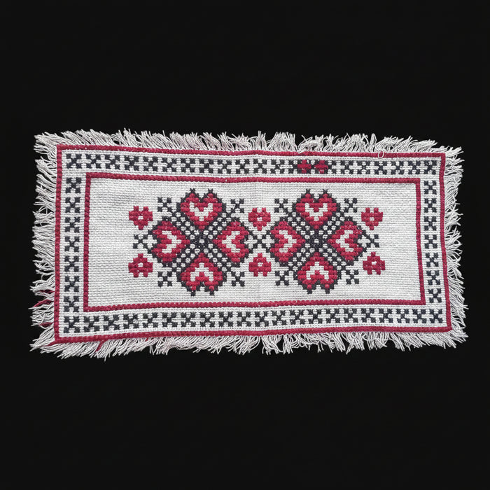 Vintage Hungarian Folk Art Table Runner Red Heart Cross-Stitch Table Runner 1950-60s