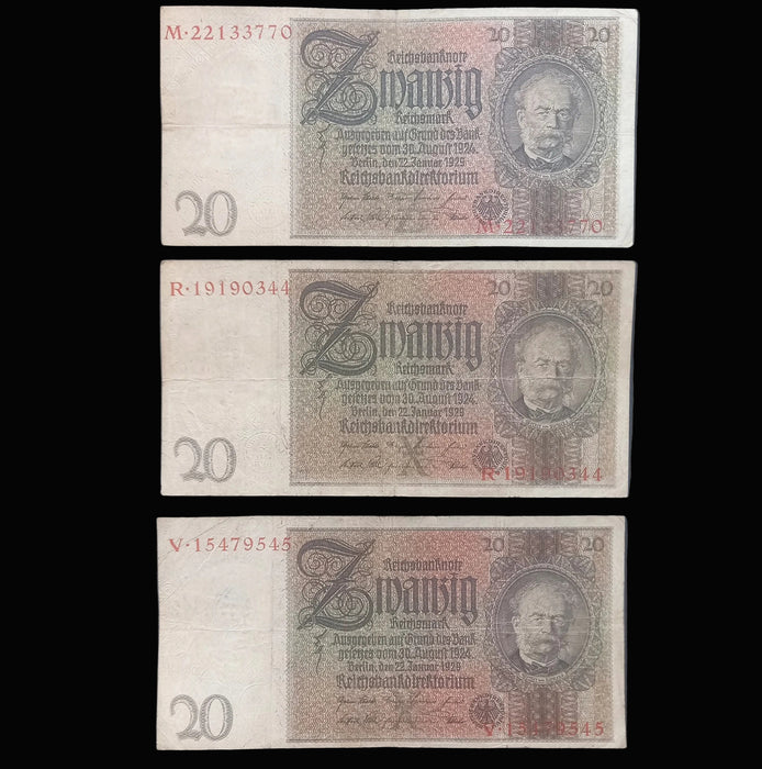 Antique Banknote 1929 Germany 20 Reichsmark Choice 3pc Set Authentic Interwar Money