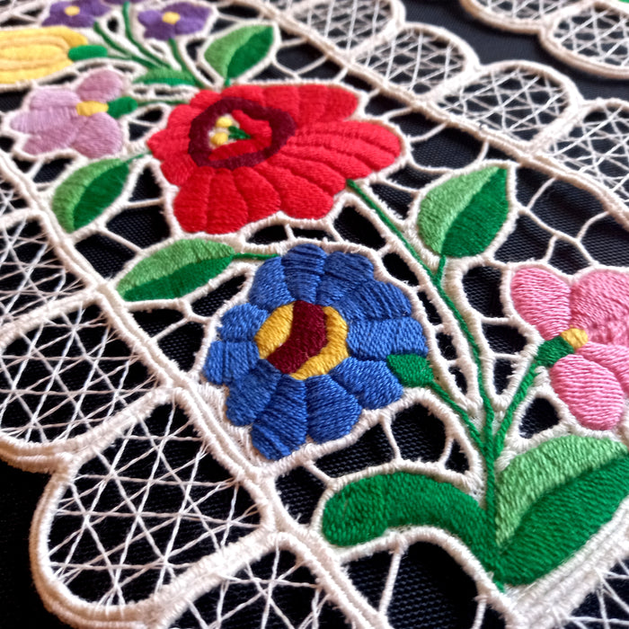 Vintage Hungarian Kalocsa Doily Set of 2 Rectangle Richelieu Lace Table Decor 1970-80s