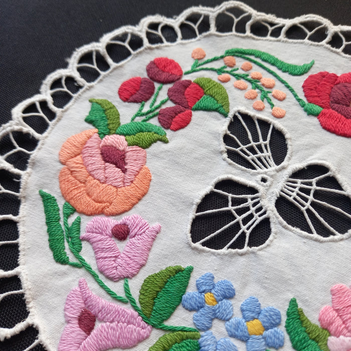 Vintage Hungarian Kalocsa Floral Doily Hand Embroided Richelieu Art 1970s
