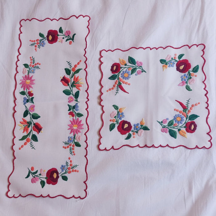Two embroidered floral designs on a white fabric background