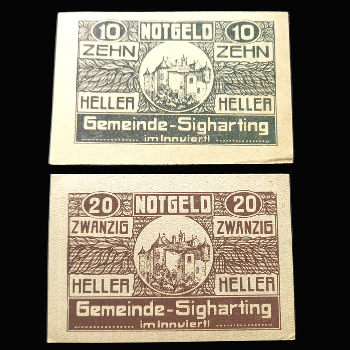 Antique Banknote 1920 Austria Sigharting Notgeld Emergency Money 10 & 20 Heller Pair