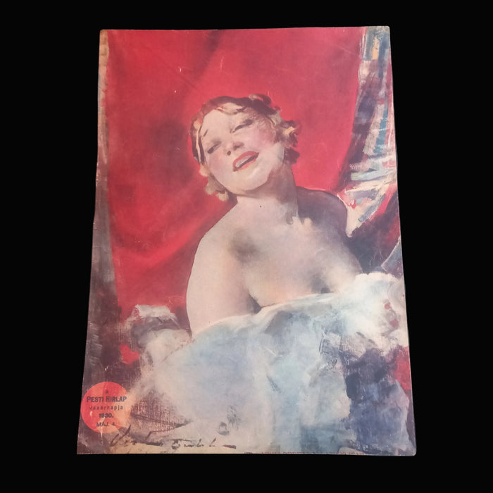 Vintage-style ephemera page with a stylized illustration of a woman against a red background from Hungarian book A Pesti Hirlap Vasarnapja 1930