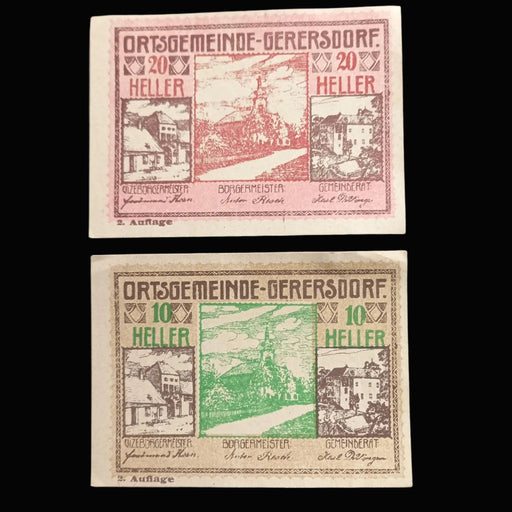 Two vintage货币notes notgelds from Ortsgemeinde-Gerersdorf on a dark textured background sold by satin crystals 