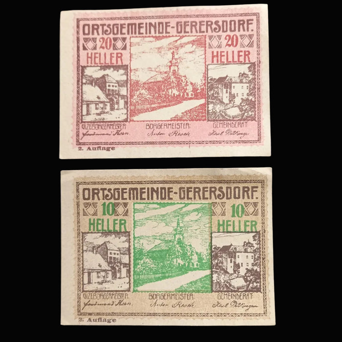 Two vintage货币notes notgelds from Ortsgemeinde-Gerersdorf on a dark textured background sold by satin crystals 