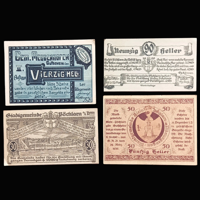 Antique Banknote 1920 Austria Meggenhofen Klein-Pochlarn 30 40 50 90 Heller Woodcut Set