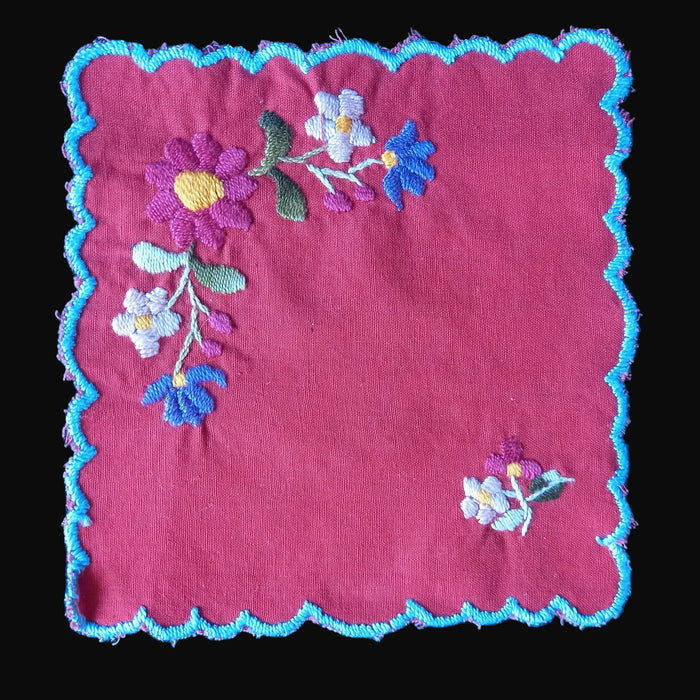 Vintage Hungarian Kalocsa Doily Set of 3 Red Floral Linen Cocktail Napkins 1970s