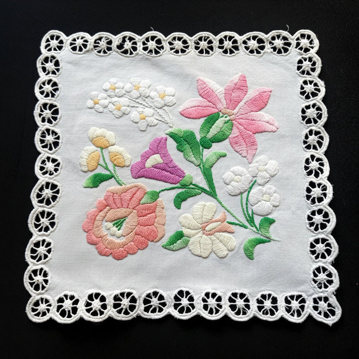 Vintage Hungarian Kalocsa Doily Hand Embroidered Pastel Floral Square 1970s