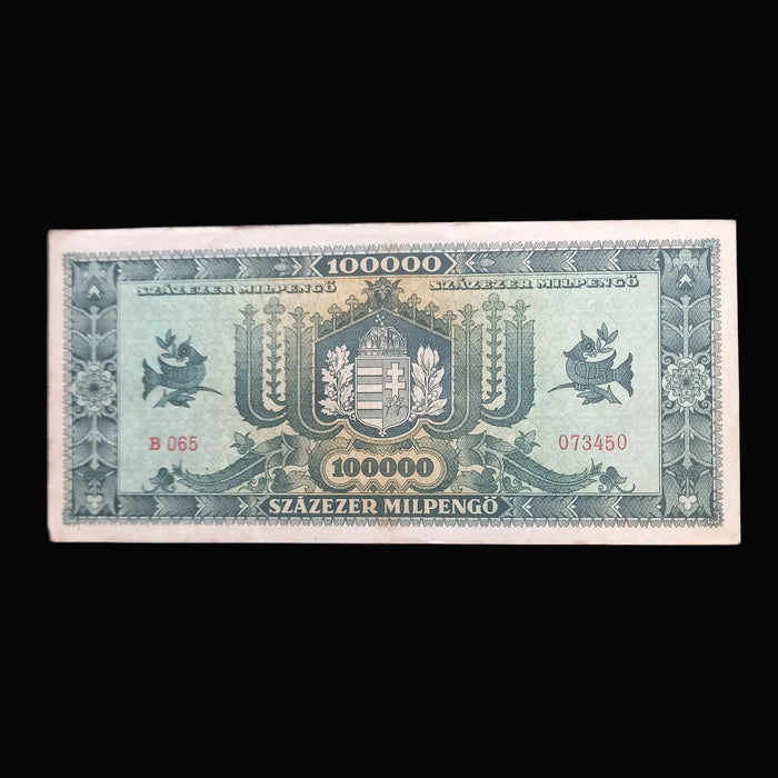 1946 Hungary Banknote 100,000 Milpengő 100 Billion Pengo Hyperinflation Collectible