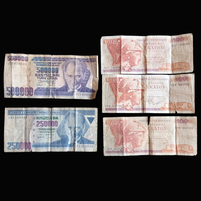 Vintage Banknote Mediterranean Lot 1978 Greece 100 Drachmai 1990s Turkish Lira 250 500K