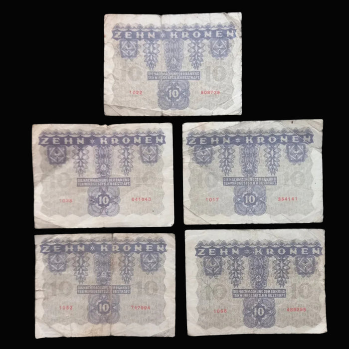 Antique Banknote 1922 Austria 10 Kronen Child Portrait Art History 5pc Set Old Paper Money