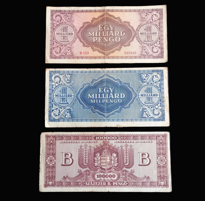Vintage Banknote 1946 Hungary Billion Trillion Quadrillion Hyperinflation Progression 3pc Set