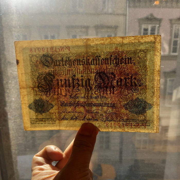 1914 Germany 50 Mark Darlehnskassenschein Banknote Antique WWI Imperial Issue
