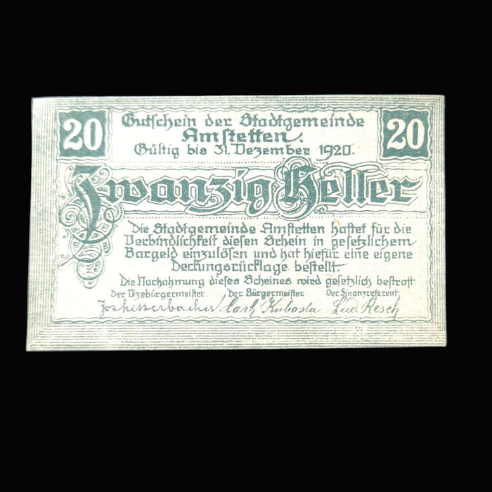 Vintage banknote from the Stadtgemeinde Amstetten with text and numbers