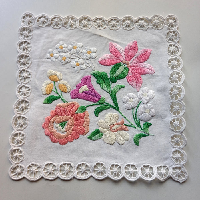Vintage Hungarian Kalocsa Doily Hand Embroidered Pastel Floral Square 1970s