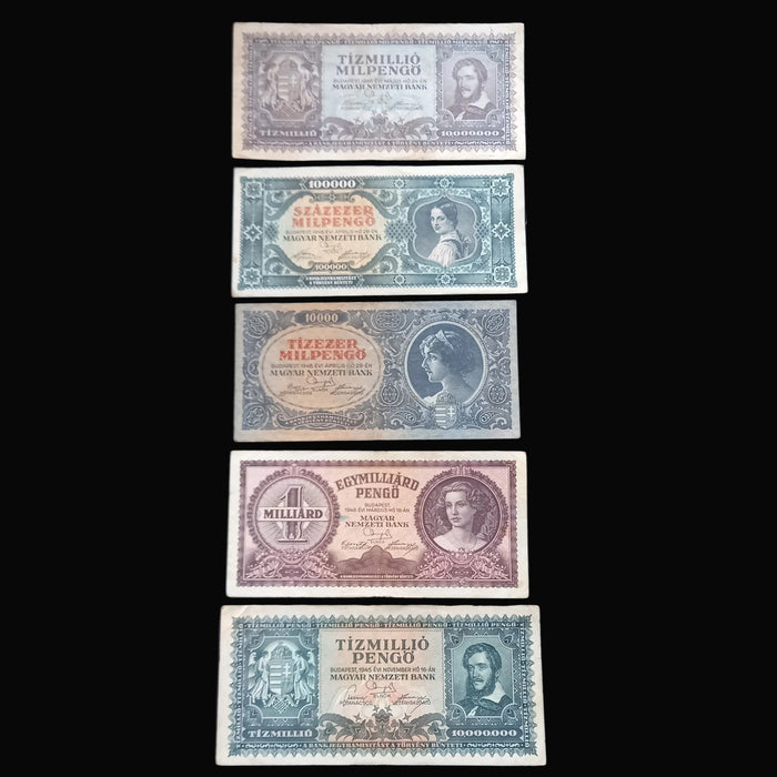 Vintage Banknote 1945-46 Hungary Pengő Premium 5pc Set Million Billion Trillion Milpengo Money