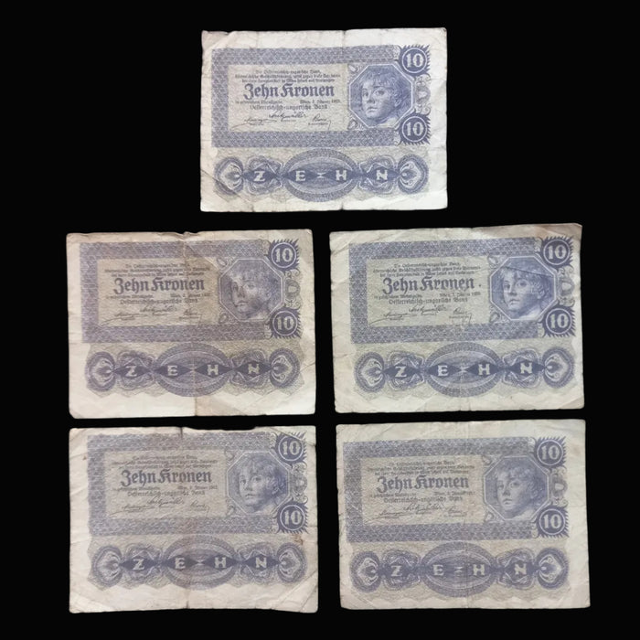Antique Banknote 1922 Austria 10 Kronen Child Portrait Art History 5pc Set Old Paper Money