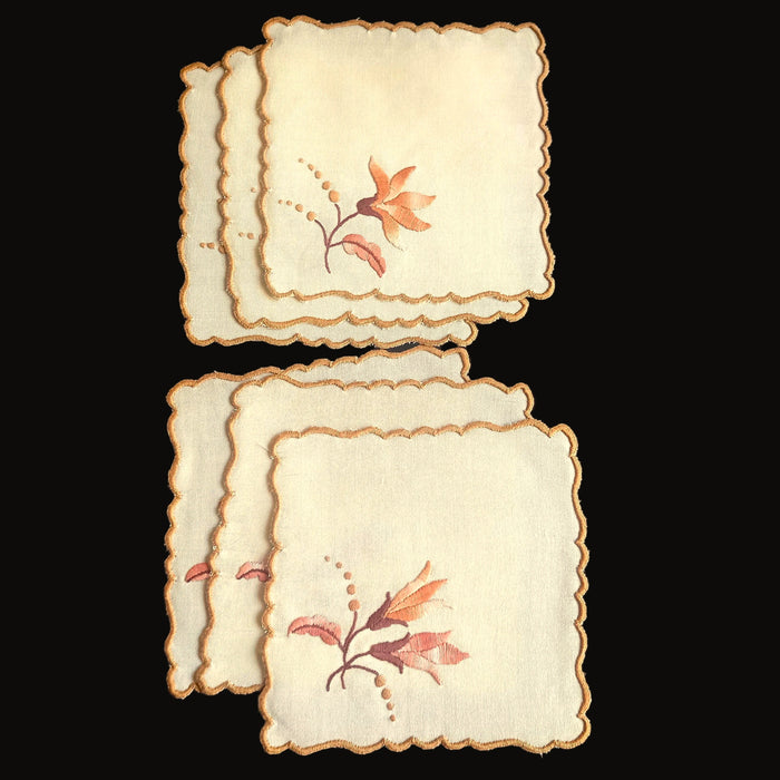 Vintage Hungarian Kalocsa Doily Set of 6 Rustic Autumn Farmhouse Napkins 1970-80s