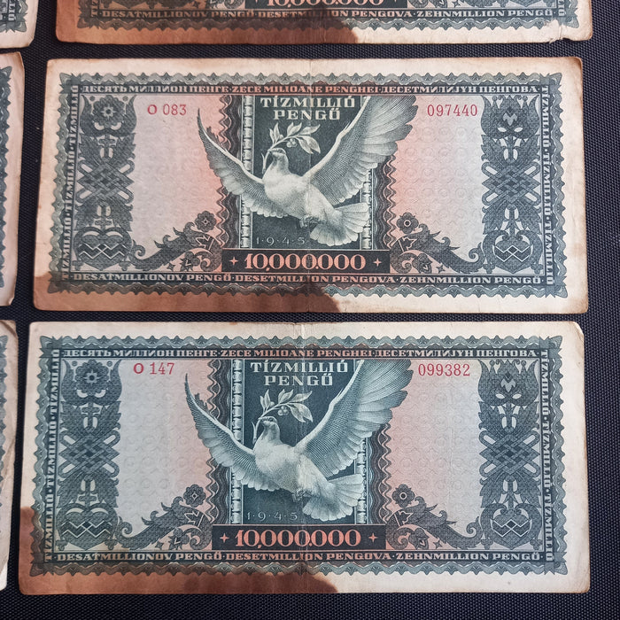 Vintage Banknote 1945 Hungary 10,000,000 Tízmillió Pengő 8-Note WWII Survivor Set