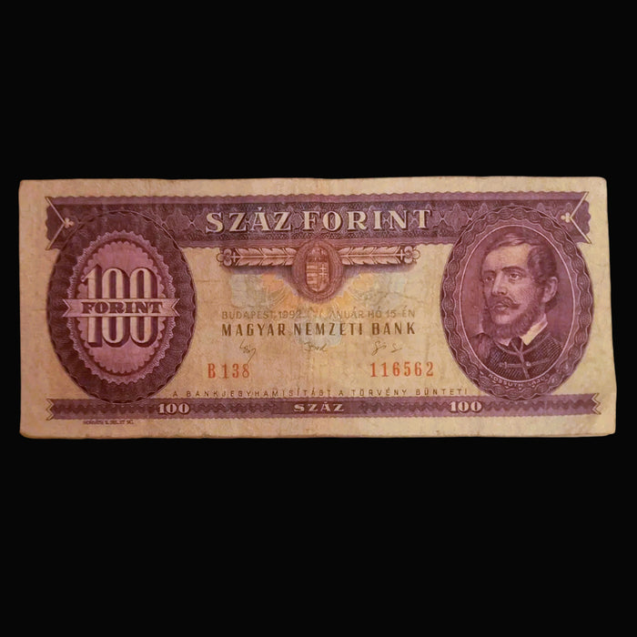 1992 Hungary Banknote 100 Forint Bill Horse Art Collectible History Kossuth Lajos VF
