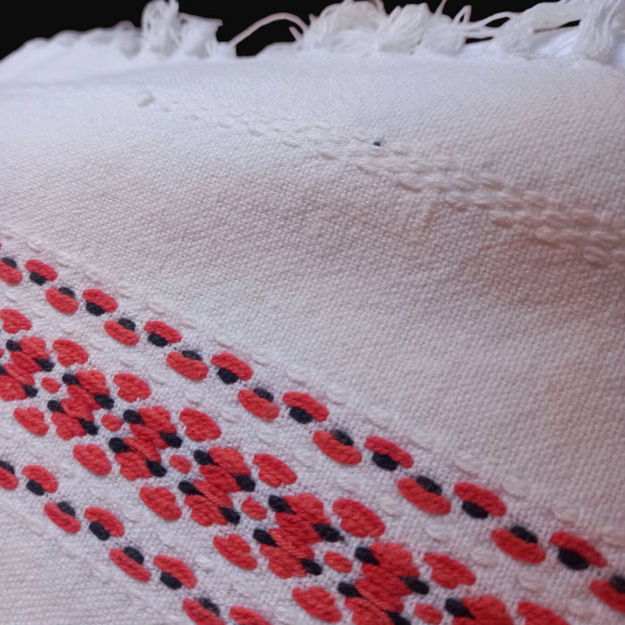 Vintage Hungarian Folk Art Handmade Table Topper Red White Heirloom 1970s