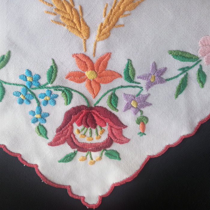 Vintage Hungarian Kalocsa Doily Hand-Embroidered Flowers & Wheat 1970-80s