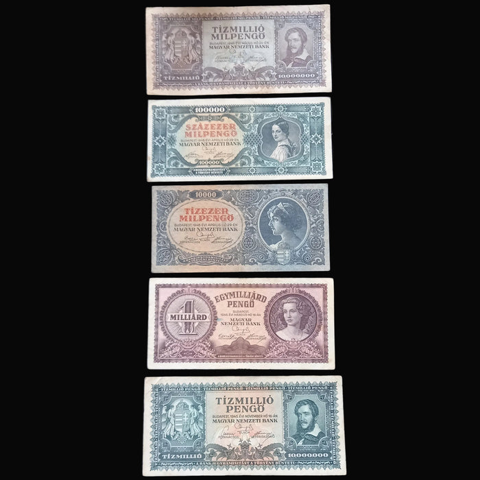 Vintage Banknote 1945-46 Hungary Pengő Premium 5pc Set Million Billion Trillion Milpengo Money