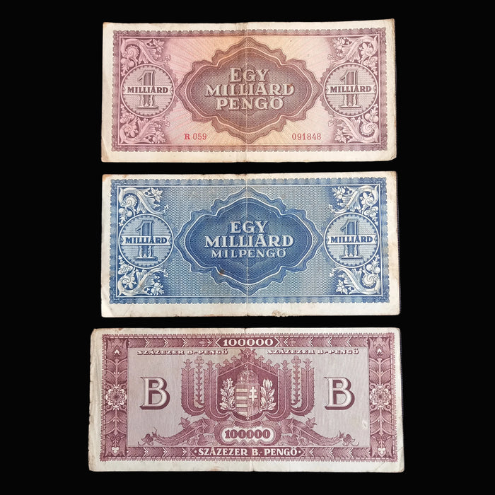 Vintage Banknote 1946 Hungary Billion Trillion Quadrillion Hyperinflation Progression 3pc Set
