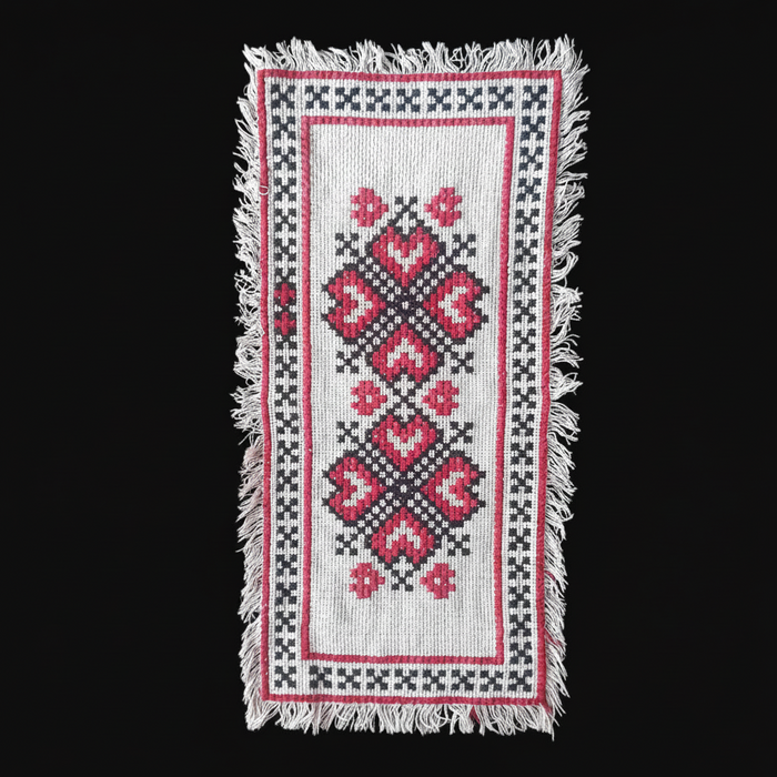 Vintage Hungarian Folk Art Table Runner Red Heart Cross-Stitch Table Runner 1950-60s