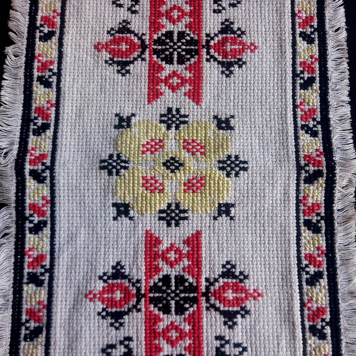 Vintage Hungarian Folk Art Table Runner Handmade Red Cross-Stitch Geometric 1950-60s