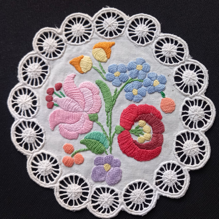 Vintage Hungarian Kalocsa Doily Flower Embroidery Richelieu Handmade Art 1970s