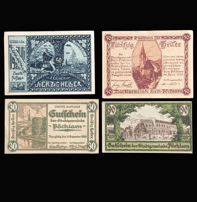 Antique Banknote 1920 Austria Meggenhofen Klein-Pochlarn 30 40 50 90 Heller Woodcut Set