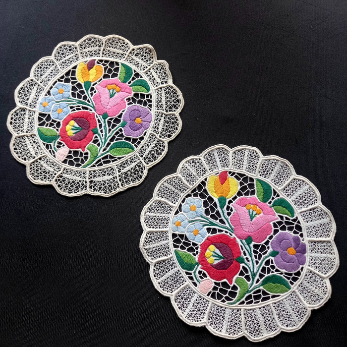 Vintage Hungarian Kalocsa Pair of Doilies Round Lacy Floral Richelieu 1980s